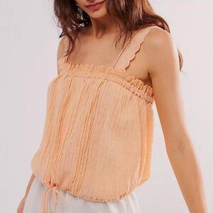FREE PEOPLE Peach Lace Trim Cami Crop Top Tie Waist Cotton Size Medium Large XL